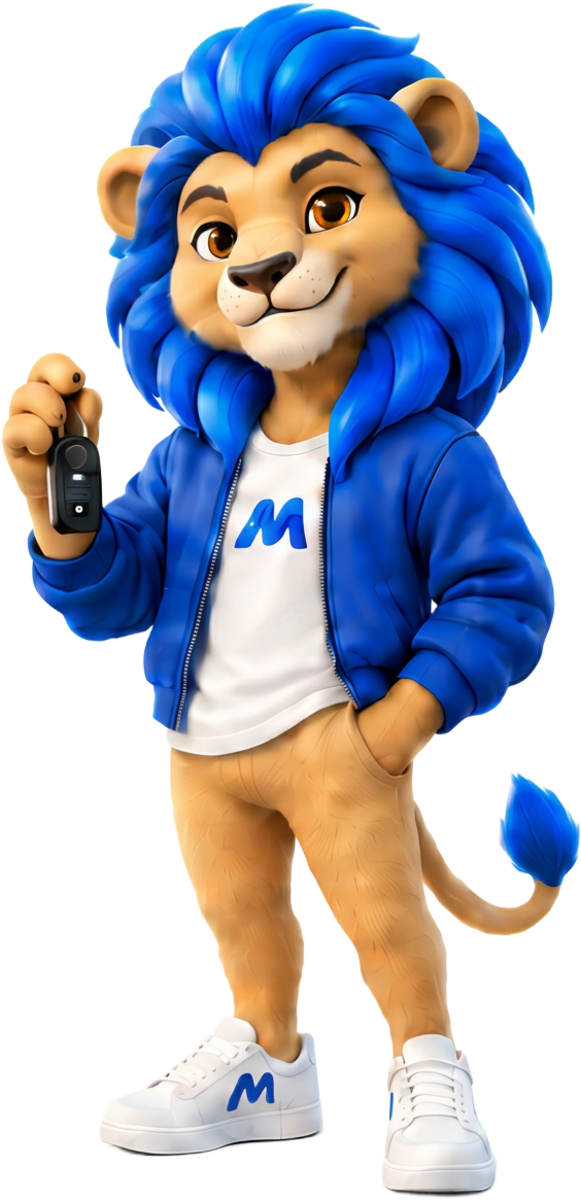 Movo, the Movaye lion mascot, holding a car key